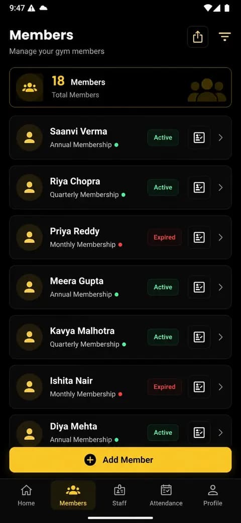 AnthroGym member management screen showing the member list and membership status