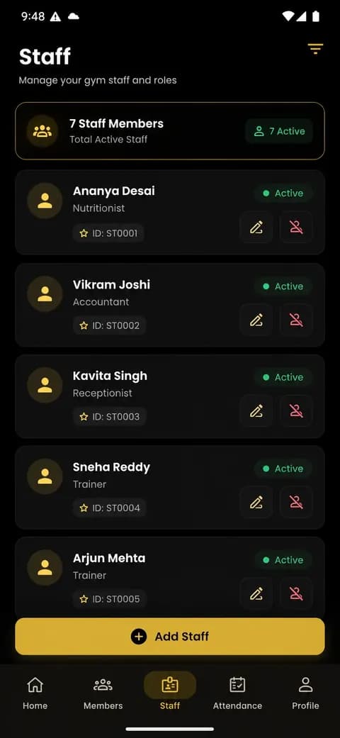 AnthroGym staff and role management screen