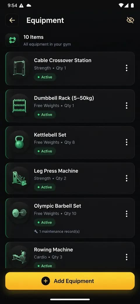 AnthroGym equipment tracking screen showing gym equipment inventory