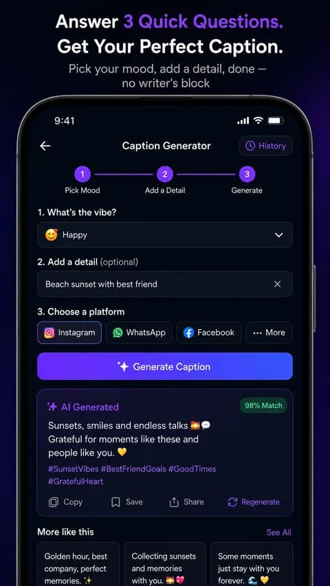 Caption AI caption generator screen showing mood, detail and platform selection