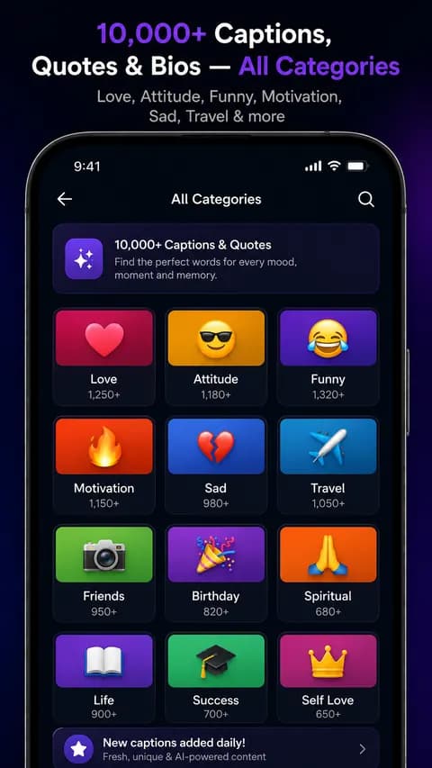 Caption AI all categories screen showing the curated caption and quote library