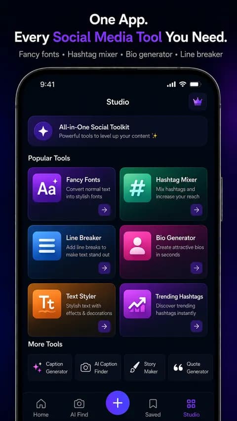 Caption AI studio screen showing fancy fonts, hashtag mixer, line breaker and bio generator tools