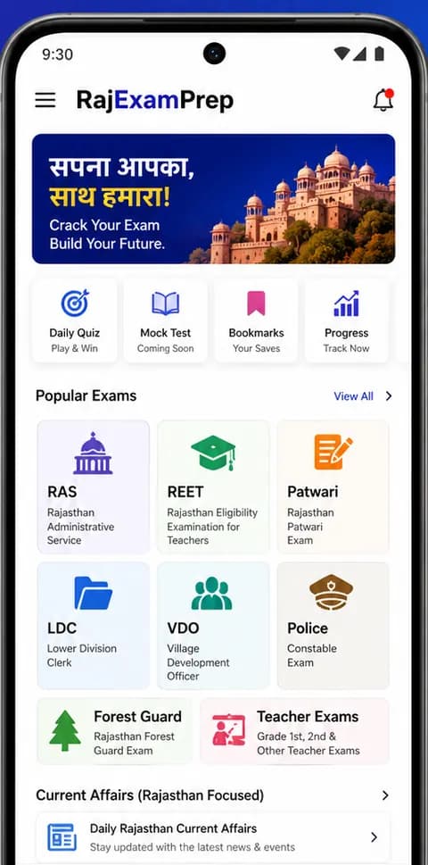 RajExamPrep home screen showing popular exams including RAS, REET, Patwari, LDC, VDO and Police Constable