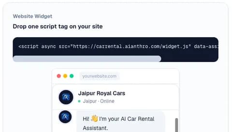 RentalMind AI website widget embed script and a live chat preview