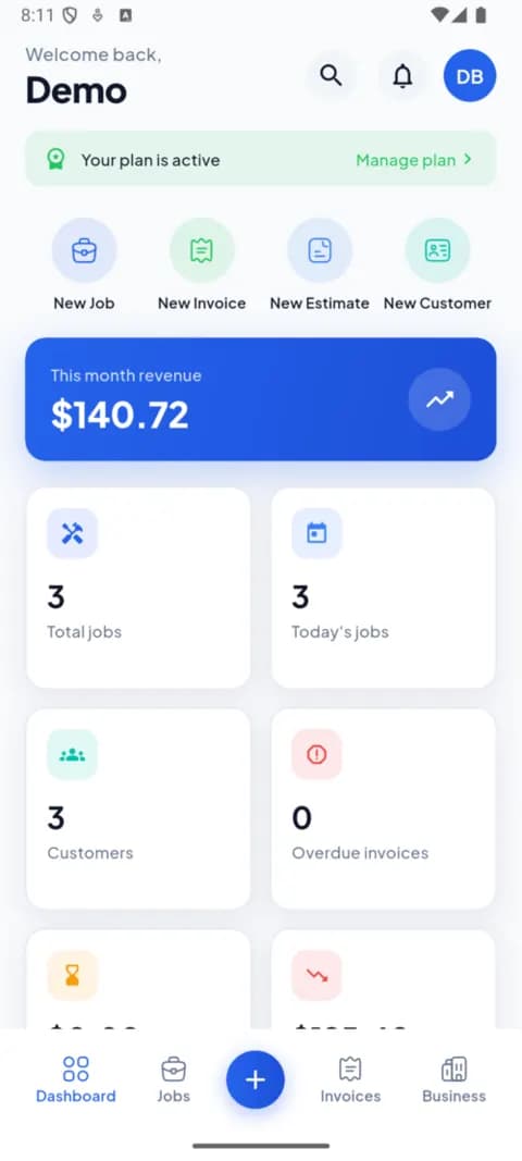 Serviq real device screenshot showing the dashboard with jobs and revenue