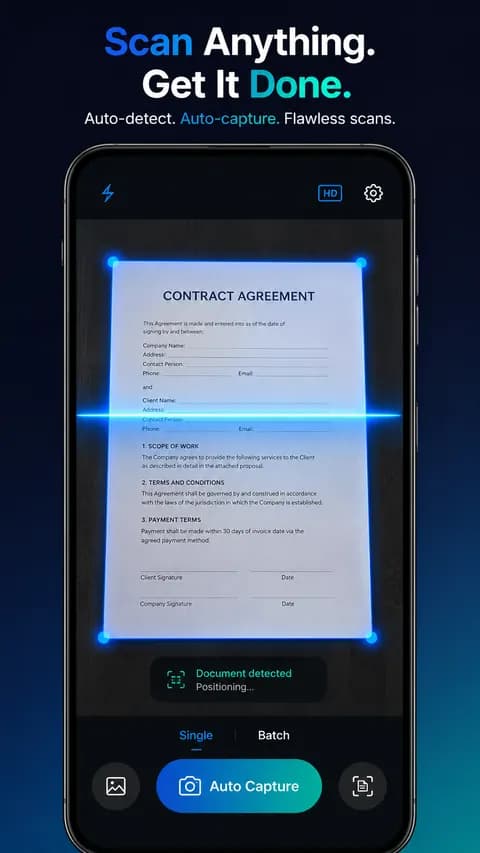 ScanPro document scanner screen with auto edge detection on a contract
