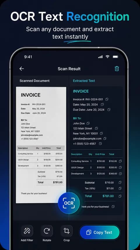 ScanPro OCR scan result screen showing an invoice and its extracted text side by side