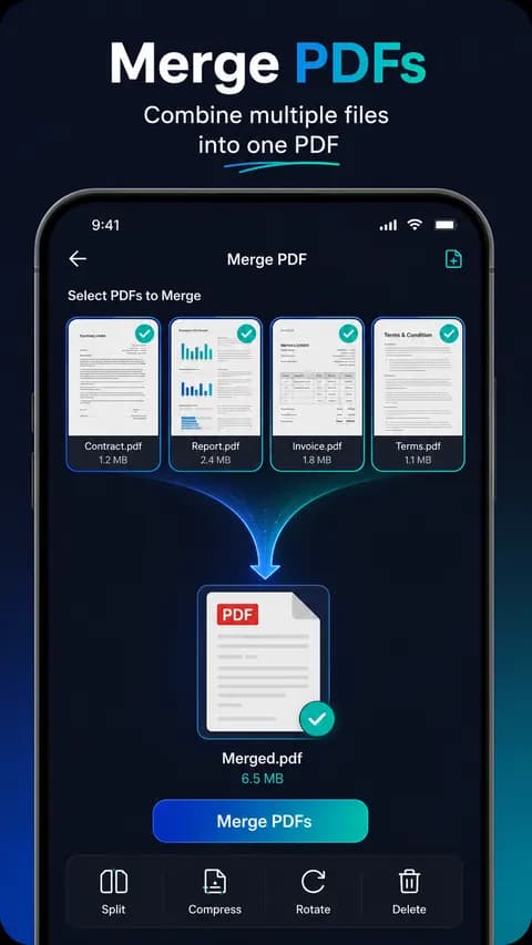 ScanPro merge PDF screen combining multiple files into one PDF