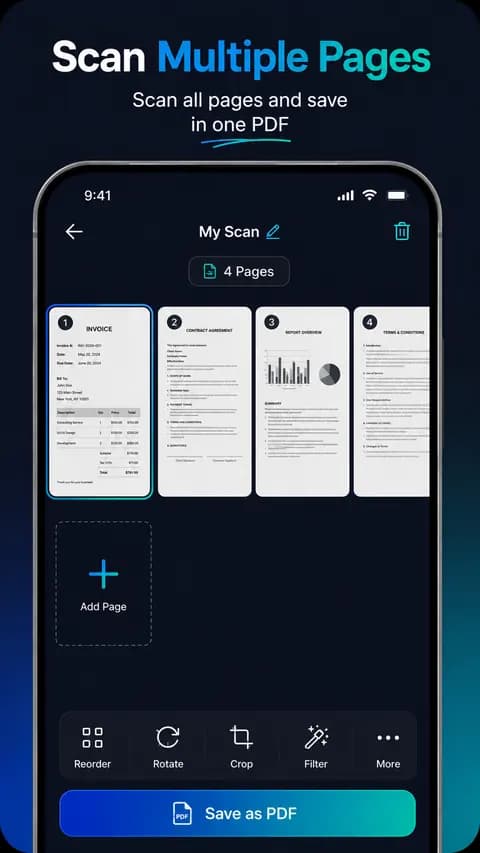 ScanPro multi-page scan screen showing a 4-page document saved as one PDF