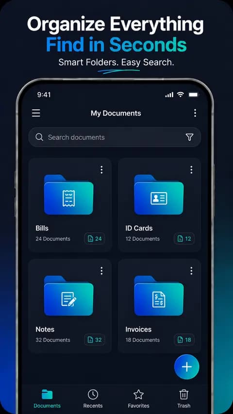 ScanPro document organizer screen showing folders for bills, ID cards, notes and invoices