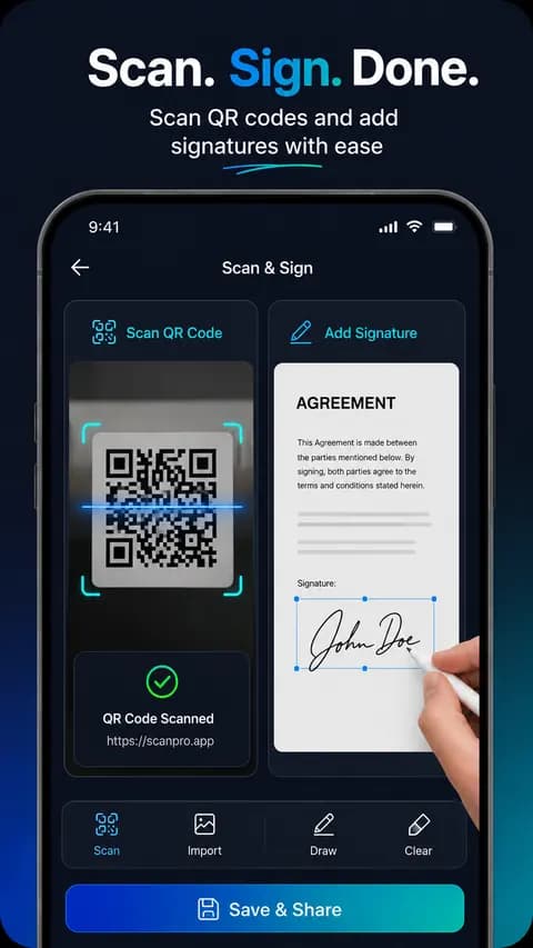 ScanPro scan and sign screen showing QR code scanning and a digital signature