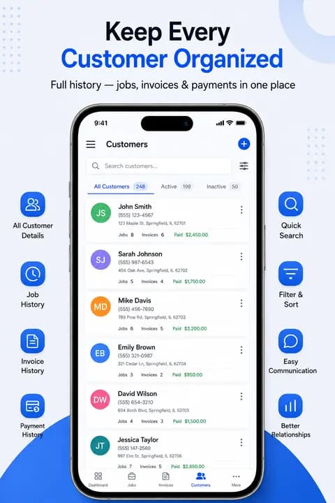Serviq customers screen showing customer profiles with job and payment history