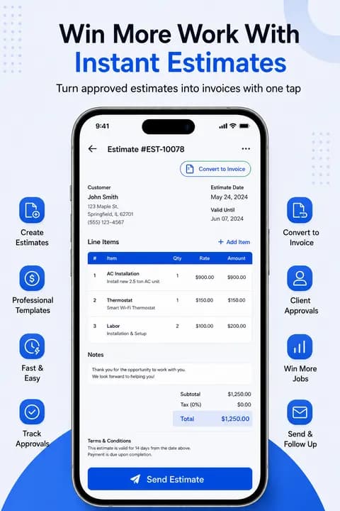 Serviq estimate screen showing an estimate ready to convert into an invoice
