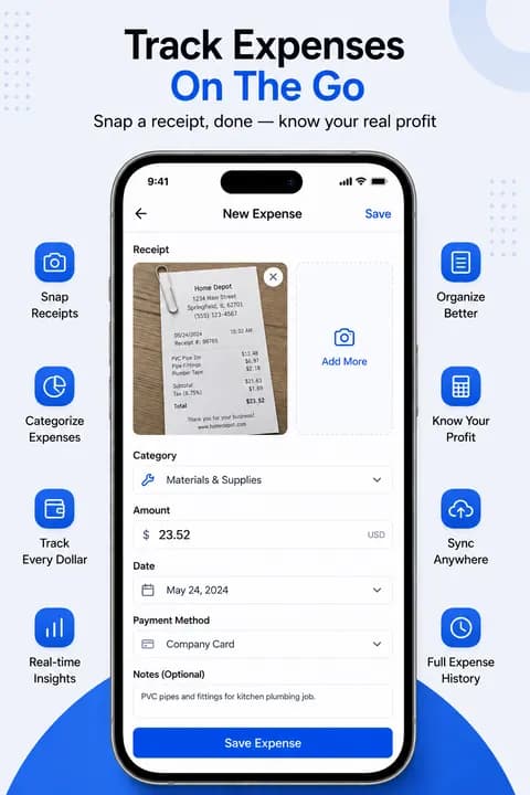 Serviq expense tracking screen showing a scanned receipt and expense details