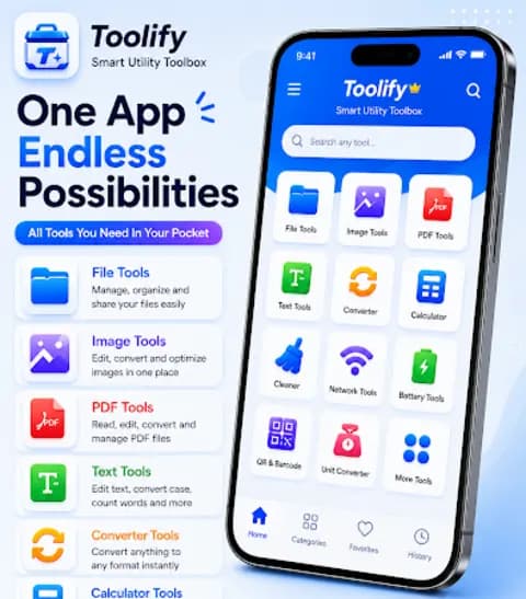 Toolify feature overview showing File Tools, Image Tools, PDF Tools and Text Tools